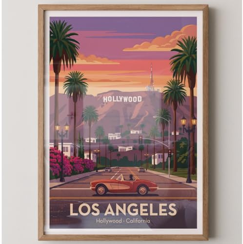 MJ-GRAPHICS® Wandbild Los Angeles Kunstdruck Hollywood Retro Stil Farbe Sunset Töne Poster Kalifornien Bilder Wohnzimmer Deko Landschaft California Retro A2 ohne Rahmen