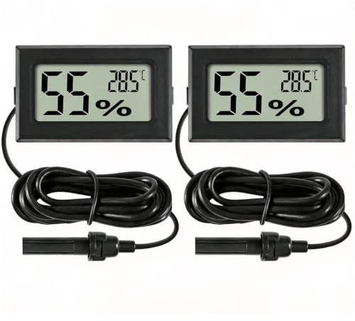 2 Pack Digital Thermometer Hygrometer, LCD Mini Temperature Gauge | Accurate Humidity Meter with Probe, Reptile Terrarium Accessories, Smart Monitor for Incubator, Greenhouse, and Office