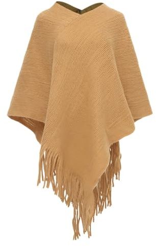 Dam tofs cape stickad sjal halsduk V-ringad pullover ledig lös tröja | Mjuk stickad poncho kappa med lugg, perfekt för kvinnors fritidskläder, resor, kontor och mysiga höstvinterlager