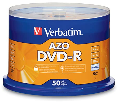 Verbatim DVD-R Blank Discs AZO Dye 4.7GB 16X Recordable Disc - 50 Pack Spindle