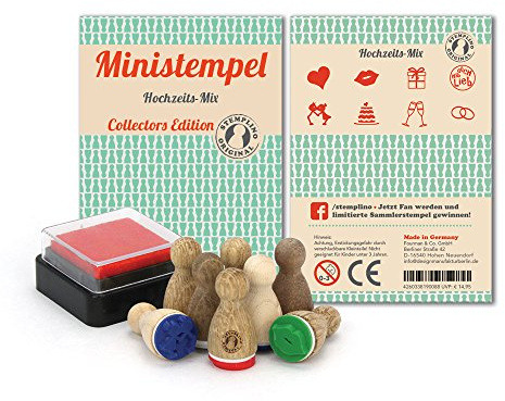 Stemplino Stempelset Hochzeits-Mix - 8 Ministempel aus Holz plus Stempelkissen, Mini Stempel Set Mix