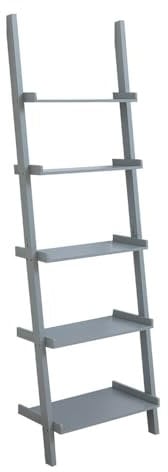 Home Source Ladder Bookcase Shelving Unit Display Ornament Stand Shelf Wall Rack Storage, Grey, 5 Tier