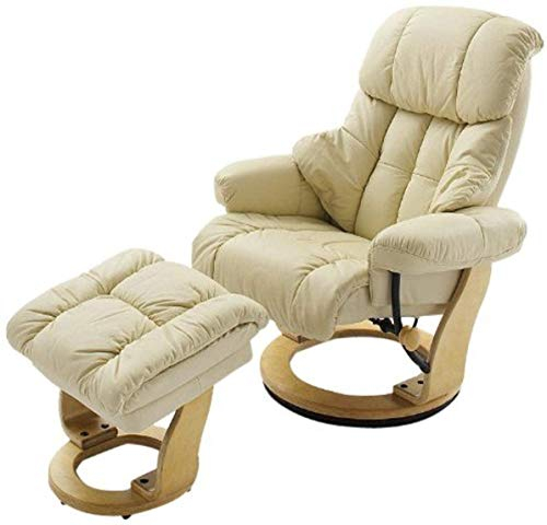 Robas Lund Relaxsessel Calgary mit Hocker, bis 130 kg belastbar, drehbarer Fernsehsessel mit Liegefunktion, Echtleder creme, Gestell Holz schwarz