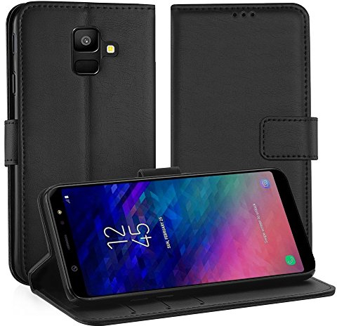 Simpeak Hülle Kompatibel für Samsung Galaxy A6 2018 [5,6 Zoll], Handyhülle Kompatibel mit Samsung A6 2018 Leder Flipcase [Kartensteckplätze] [Stand Feature] [Magnetic Closure Snap] - Schwarz