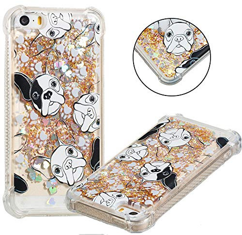COTDINFOR Case for iPhone 5S Liquid Waterfall Cover for Girls 3D Cute Glitter Liquid Sparkle Floating Bling Quicksand Protective Soft Silicone Shiny Slim Shell for iPhone 5 / 5S / SE Funny Dog YB.