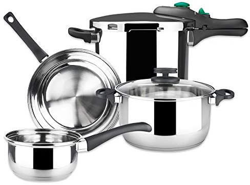 Magefesa - Dynamic + Style bateria de cocina, 6 piezas, incluye olla presión Dynamic 6 litros, sarten sin antiadherente, cacerola con tapa, cazo, fabricada en acero inoxidable, saludable, ecologica