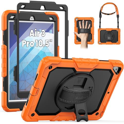 SEYMAC iPad Air 3 Hülle für Kinder, iPad Air 10.5 Hülle, stabile Schutzhülle mit Displayschutzfolie, KickStand [Handschlaufe & Schultergurt] Stifthalter für iPad Air 3 2019/iPad Pro 10.5 2017-orange