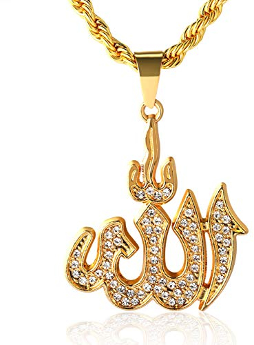 HALUKAKAH Catena d'oro per Uomo,Placcato Oro Reale 18k Collana con Ciondolo Simbolo di Allah Islam,Cz Pieno Diamanti da Laboratorio Set di Punte,con Catena in Corda 60cm,Confezione Regalo Gratuita