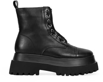 BOSANOVA Botas Militares de caña Baja con Cremallera Central, Detalle de Cordones y Suela Track de 6,5 cm. Cierre con Cremallera. Calzado para Mujer Negro 36