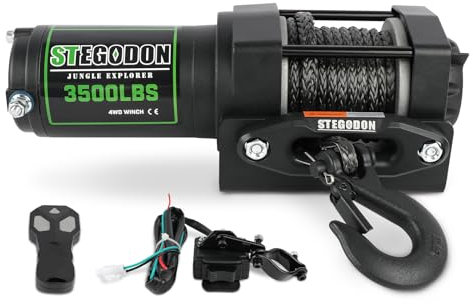 STEGODON Treuil électrique avec capacité de charge de 1 587,6 kg, 12 V en corde synthétique avec télécommande sans fil et poignée filaire, treuil électrique étanche IP67 avec guide-câble Hawse (tout