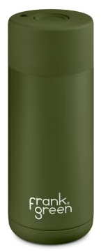frank green Isolierter Reisebecher für kalte oder heiße Getränke, 475 ml, wiederverwendbare Kaffeetasse mit Druckknopfdeckel, keramisch gefüttert, dreifach wandig, Vakuum – Khaki-Grün