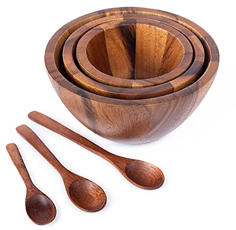 BestySuperStore Petits bols gigognes ronds en bois d'acacia de tailles mélangées de 10,2 cm, 12,7 cm, 15,2 cm avec 3 cuillères pour servir de la salade, des sauces, des collations, du riz, des pâtes,