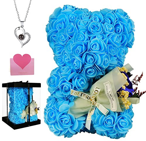 Rose in seta artificiale, regalo per San Valentino, orsacchiotto di rosa, fatto a mano, per matrimoni, casa, feste, eventi, festa della mamma, scatola regalo trasparente (blu)