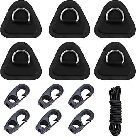 Kayak D-Ring Patches with Strong Elastic Bungee Shock Cord with Hooks Bungee Deck Rigging Kit for PVC Inflatable Boat Sup Kayak Canoe Deck Surfboard Raft Stand Up Paddle Board (Black 6 Packs)