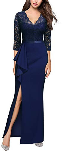 MISSMAY Women's Vintage Floral Lace Ruffle 3/4 Sleeves Evening Party Formal Long Dress (Medium, Navy Blue)