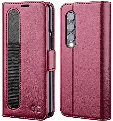 OCASE Funda para Samsung Galaxy Z Fold 4 con Porta S-Pen, Antigolpes Carcasa Cuero PU Cartera, Vidrio Templado Protección Pantalla, Bloqueo RFID, Ranuras para Tarjetas, Funda Galaxy Z Fold 4 - Borgoña