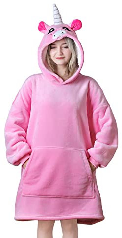Queenshin Unicorn Wearable Blanket Hoodie, Oversized Sherpa Comfy Sweatshirt for Adults Women Girls, Warm Cozy Kawaii Animal Hooded Body Blanket Pink