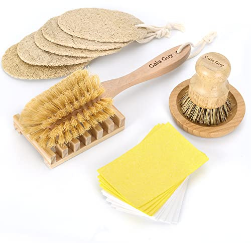 Brosse à Vaisselle éco-Friendly en Bambou avec Support Bois, éponge Pop-up en Cellulose et luffa. Nettoyage respectueux de l'environnement, sans Plastique, avec Porte-Savon Bois
