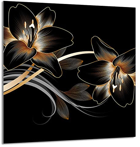 DarHaus Protection anti-éclaboussures en verre trempé 60 x 65 cm – Verre décoratif avec ruban adhésif – Paroi arrière en verre pour cuisine - Plaque de protection induction, Orchidée Noir