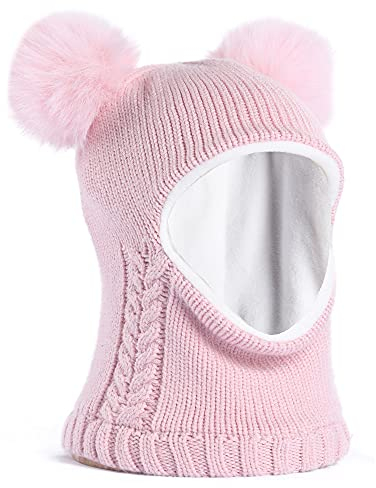 FURTALK Kleinkind Baby SchalMütze warm gefüttert Kinder Strickmütze Pom Pom Wintermütze für Jungen und Mädchen, Rosa, 6-24M