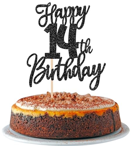 SYKYCTCY 1 Pack Happy 14th Birthday Cake Topper Black Glitter Cheers to 14 Years Birthday Cake Pick 14 Fabulous Cake Decoration for Happy Birthday Theme Anniversary Party Supplies