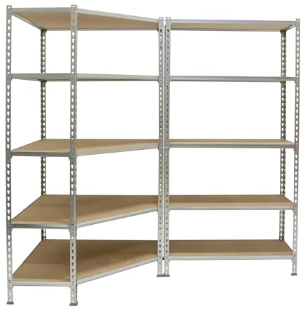 Simonrack Eckregal aus Metall, ohne Schrauben, 5 Regalböden, hohe Tragfähigkeit 200 kg, 1800 x 1800 x 500 mm, Garagenregal, verzinkt/Holz