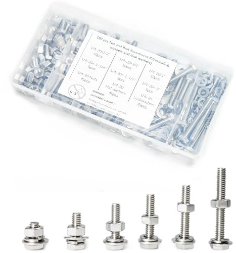LUPANTER 180-teiliges SAE-Edelstahl-Muttern und -bolzen-Sortiment-Set, einschließlich 6 Sechskantschraubengrößen 1/4-20, flache Unterlegscheiben, Sicherungsscheiben, verpackt in Kunststoffbox