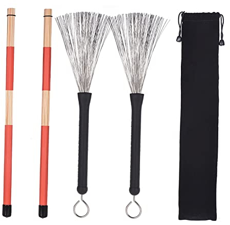 YIWENG 1 Paar Drum Rods Sticks + 1 Paar Drum Brushes Drum Stick Set mit Aufbewahrungstasche für Jazz Folk Music,Drumsticks für Jazz Volk