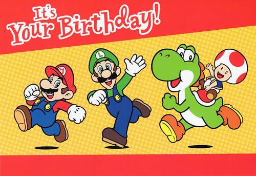 Heartline Mario und Luigi Geburtstagskarte mit Yoshi und Kröte – It's Your Birthday! Hope It's Next Level Fun., Rot