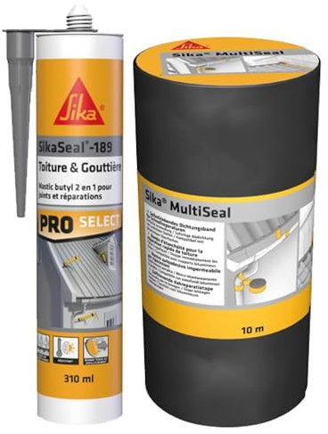 SIKA - Bande d'étanchéité autocollante - Résistant à la déchirure - Multisupports - Gris-vert (RAL 7009) - 10m x 300mm + Mastic Butyl pour joints et réparation - Noir - 310ml