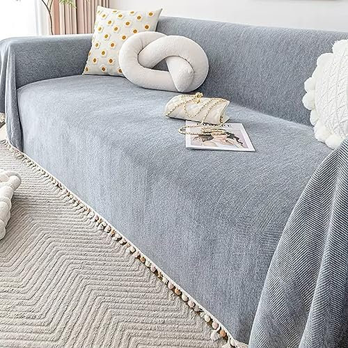 KnSam Home Sofabezug, Einfarbig Sofabezug Muster mit Quaste, Superweiche Sofahusse Chenille Anti-Rutsch-Couch (180x420CM, Grau)