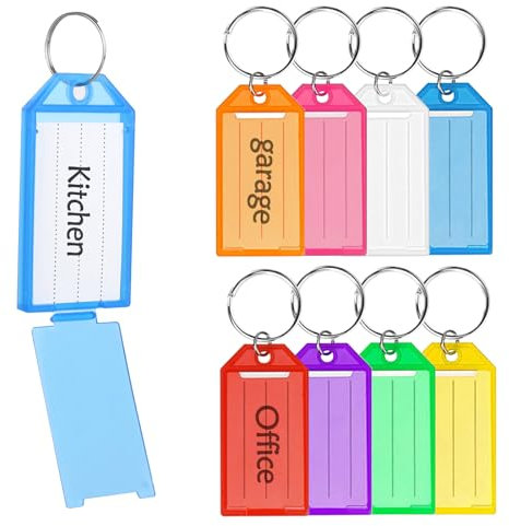 Lot de 48 étiquettes de clés en plastique avec anneau, porte-clés robustes avec papier supplémentaire, idéales pour nom, carte d'identité, animaux de compagnie, bagages, étiquettes mémoire, 8 couleurs
