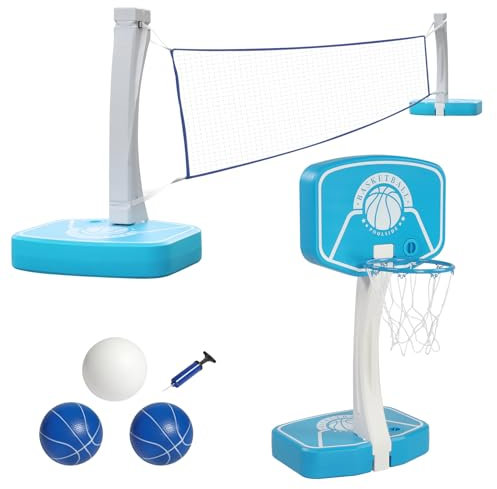 Ktaxon Pool Basketball Hoop & Volleyball Set, 2 in 1 Outdoor Portable Poolside Basketball Hoop Stand Game Set with Volleyball Net for Swimming Pool and Party, All Accessories Included