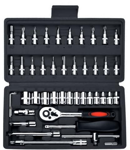 Anttyscar 46PCS Socket Wrench Set, Ratchet Socket Set, Metric Drive Tool Kit with Wrench Handle Chrome Vanadium Ratchet Screwdriver Socket Set for Auto Car Motorcycle Repair 1/4 Inch
