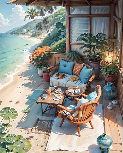 Aapxi Malen nach Zahlen Erwachsene Landschaft am Meer DIY Öl Malen nach Zahlen Kits auf Leinwand Erwachsene Malen nach Zahlen mit Pinseln Kunsthandwerk 40 x 50 cm rahmenlos