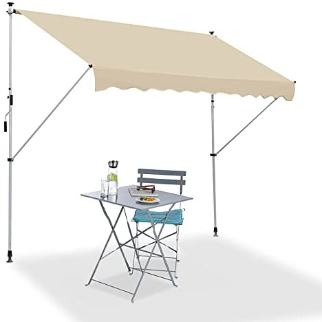 GMBAYUE Klemmmarkise, 200/250/300/350/400cm Breit, Balkon Markise Ohne Bohren, Terrassenmarkise, Sonnenmarkise, Sonnenschutz, Wasserabweisend, Alu/Polyester(Color:Beige,Size:250cm(98in))