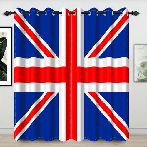 Umpoo Vorhang mit Union Jack-Motiv, britische Nationalflaggen, rot, weiß und blau, Fenstervorhänge, Behandlungsstoff, 2-teiliges Set, Ösen oben für Wohnzimmer, Schlafzimmer, Dekoration, 132 x 160 cm