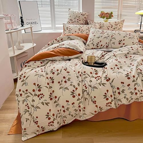 Freyamy Housse de Couette 220x240 Beige Caramel Feuilles Floral Parure de lit 2 Personne en Microfibre avec Fermeture Éclair Réversible Sets de Housse Couette avec 2 Taie d'oreiller 65 x 65 Pour Fille