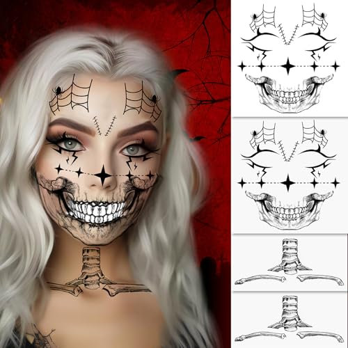 Halloween Tattoo Gesicht Halloween Make Up Damen Erwachsene Kinder Halloween Gesichtstattoo Schminke Skelett Vampir Tattoos Halloween Böses Lächeln Tattoo Aufkleber kunsthaut Tattoo zubehör