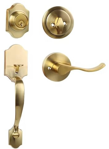 Azdele Front Door Handle and Deadbolt Set, Front Door Lock Set, Exterior Door Lock Set, Front Door Handle with Single Cylinder Deadbolt for Exterior Door, Reversible for Right&Left(Gold Classic)