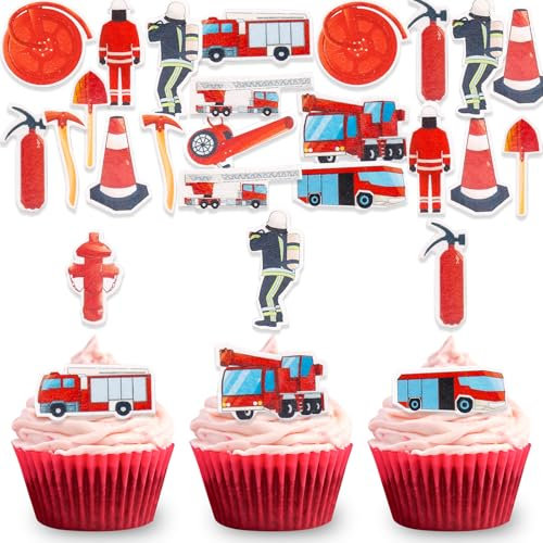 DazzJoy 80 Stück Essbare Tortendeko Feuerwehr,Essbare Feuerwehrauto für Torte,Feuerwehr Tortendeko Essbare Kuchen Deko Feuerwehr,Essbare Feuerwehrmann Cupcake Toppers,Feuerwehr Torten Deko Essbare