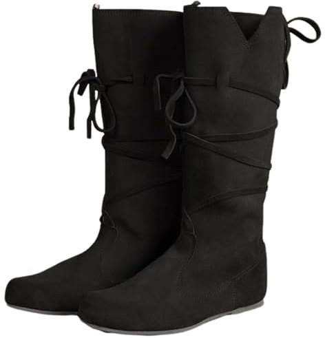 Helltaker Renaissance-Stiefel für Herren, Mittelalter-Stiefel, Cosplay, Halloween, Wikinger, Pirat, Steampunk, Reitstiefel, lange Stiefel, Schwarz, 44 EU