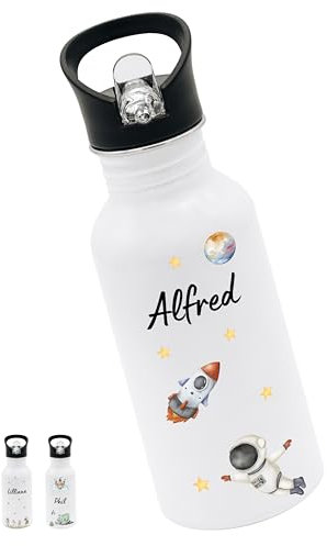 Bärenfreunde® - Personalisierte Trinkflasche Kinder Edelstahl [ 500ml ] - Robuste Trinkflasche mit Namen - Wasserflasche mit Trinkhalm - Personalisierte Geschenke für Kinder (Astronaut Weltall)