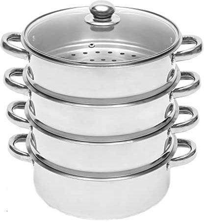 Vaporera de acero inoxidable con tapa de cristal, 5 pisos, 40 cm, apta para lavavajillas, olla de inducción para albóndigas