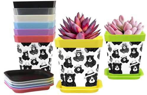 Macetas con drenaje, macetas para decoración del hogar para macetas de interior, paquete de 8 macetas de plástico, cactus, macetas para suculentas, bonitos osos blancos y negros