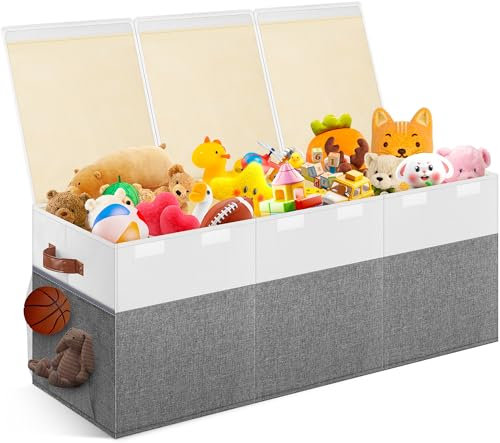 Mabahoo Extra große Spielzeugtruhe, zusammenklappbar, stabiler Spielzeug-Organizer mit Deckel, 101,6 x 35,6 x 40,6 cm, Weiß und Grau