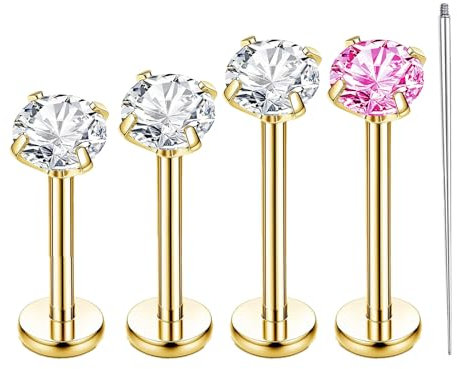 Laralily Tragus Piercing, 4 Stück Titan, Gold, 6mm/8mm/10mm mit Führungsstab