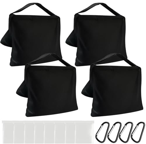 WANDGU Sandsäcke für Fotografie: 4 Stück Fotografische Leere Sandsack mit 4 Karabiner und 8 Beuteln, Oxford Fabric Leer Sandsack für Fotostudios, Stative, Außenaufnahmen und Camping (Schwarzer)
