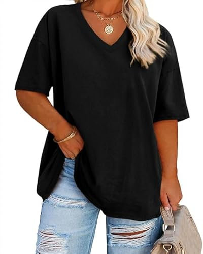 Fisoew Damen Große Größen T-Shirt Halbarm Shirt mit V-Ausschnitt Sommer Lose Basic Oberteil Oversize Kurzarm Baumwolle Tee Tops(Schwarz, 3XL)