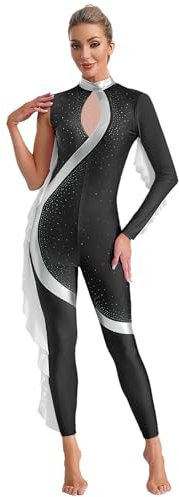 Yruioon Turnanzug Ganzkörper Damen Glitzer Gymnastikanzug Ein-Schulter Ballettanzug Farbblock Eiskunstlauf Body Sport Overall Jumpsuit Schwarz M